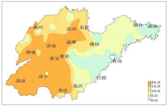 2018年7月中旬~8月中旬山东省高温日数分布图（℃）