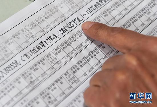 青岛退休教师张伟源在家中介绍工资条构成明细(3月8日摄)。