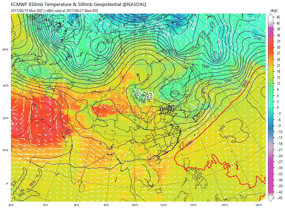 　　6月21-24日，冷涡进入北京形势图。来自ECMWF