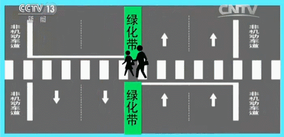 7、道路中央采用綠化帶隔離,行人在道路中央駐足區等待的,機動車A、B應當減速行駛,可在確保安全的前提下通過人行橫道。