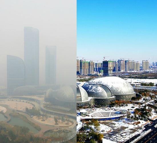 最近,省會(huì)大劇院遇到霧霾前后。(記者 范良 攝)