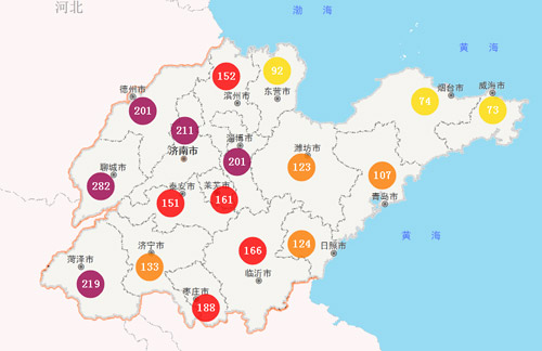 截至下午18时，山东5市空气质量达到重度污染程度