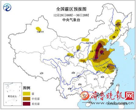 全国霾区预报图（12月28日至30日）