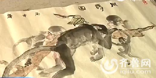 猴年到了，刘景曾特地画了一幅近两米的同寿图来为猴年送吉祥。(视频截图)