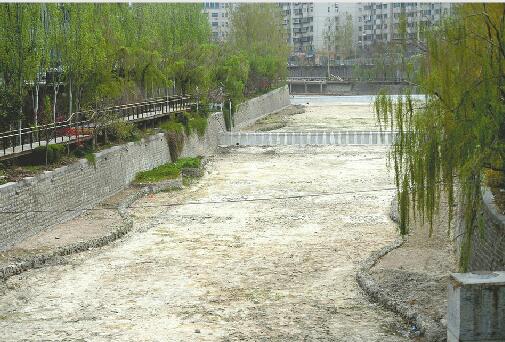 5日,英雄山路东侧的兴济河干涸见底。 记者王锋 摄