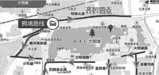 大明湖周边区域拥堵示意图