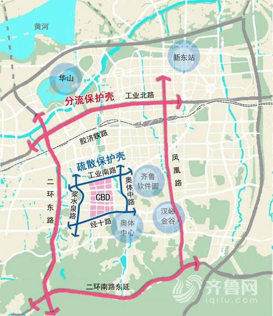 CBD將按照“分流+疏導”的思路，充分利用外圍快速路分流過境交通，利用南北向趕到疏導到發(fā)交通