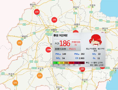 1月9日9時 泰安空氣質量為中度污染