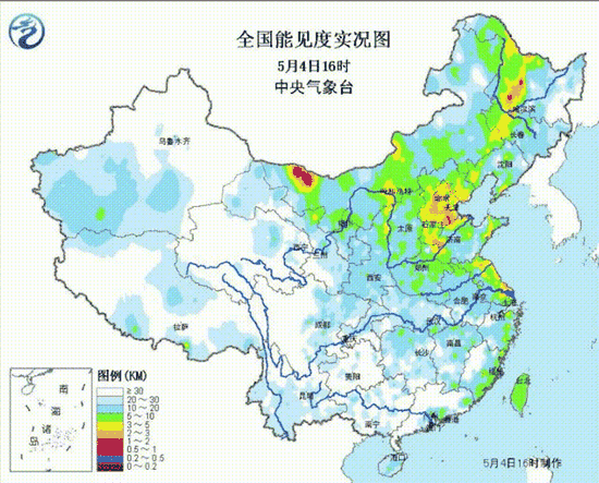 5月4日16时——5月5日15时全国能见度实况变化图