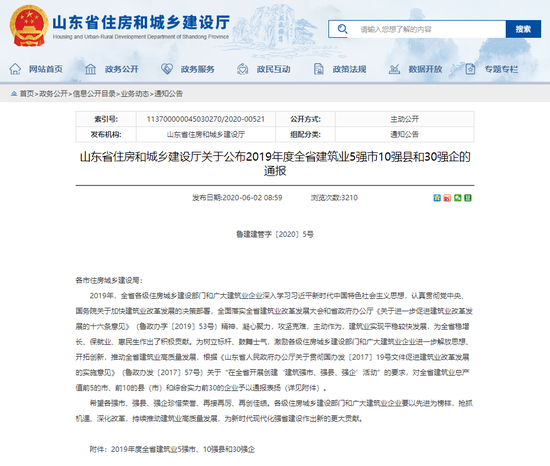 山东省住房和城乡建设厅官网通报表彰