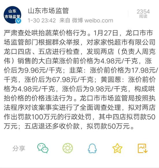 △ 山东省市场监督管理局曝光哄抬物价不法商家（来源：@山东市场监管）