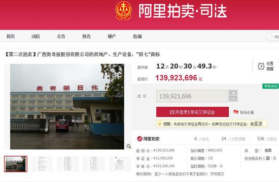 田七牙膏被二度打包拍卖部分信息。来源:阿里拍卖官网