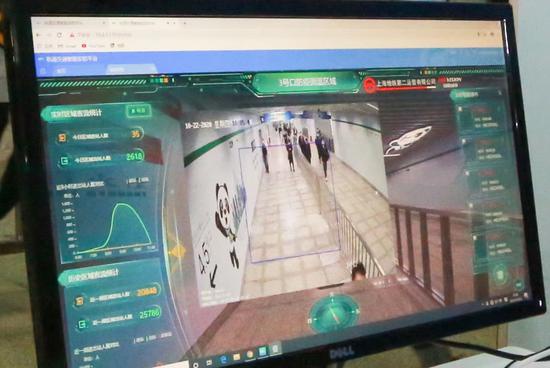 徐泾东站工作人员通过视频分析技术，对进站乘客佩戴口罩和体温情况进行监测。