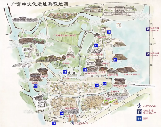 △广富林文化遗址手绘地图,广富林文化遗址项目占地850亩,包含文化展示区、农田保护区、古镇改造区等几大片区