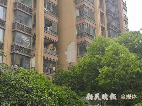 图说:品尊国际公寓多幢居民楼发生外墙脱落 新民晚报记者 夏韵 摄(下同)