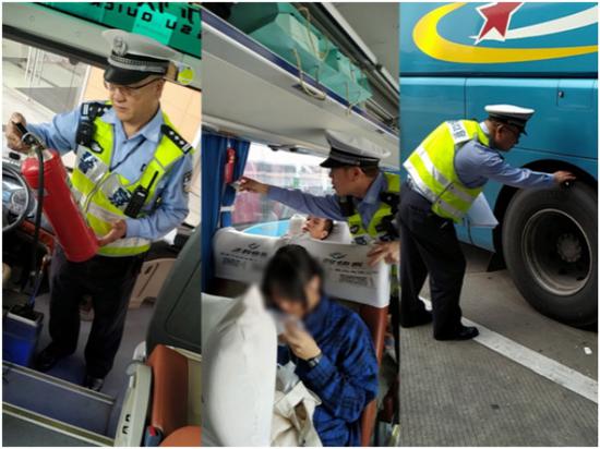 图说:徐汇交警对长途车辆进行安全检查。