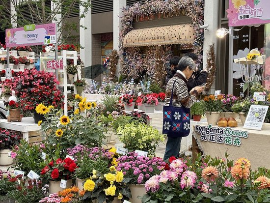 市民在新天地东台里商业区逛花市。