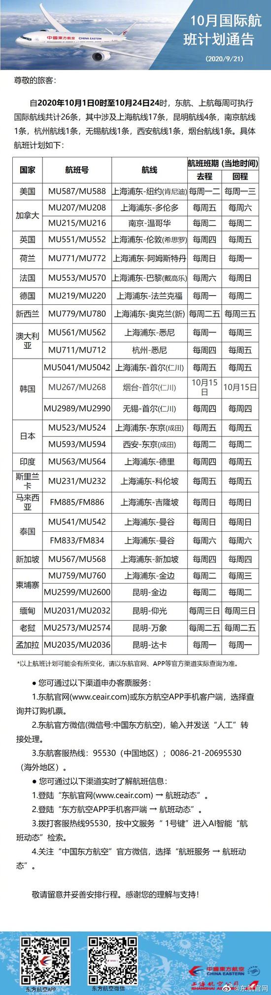 10月国际航班计划通告  东航供图