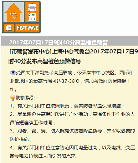 上海连续第6天发布高温橙色预警 最高温37