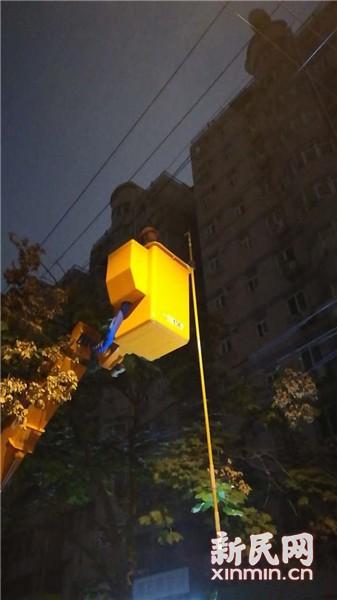 图片说明:抢修人员达到预定高度进行作业