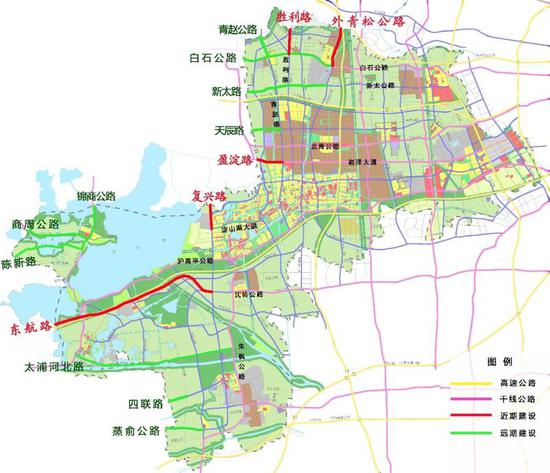 青浦区省界断头路规划建设示意图。近期实施5项,已完成1项