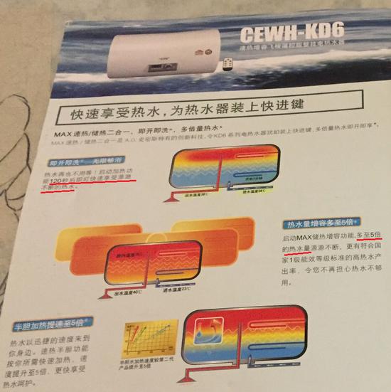 　　艾欧史密斯储水式电热水器产品CEWH-60KD6C的说明书内页。标红线文字为许求鑫不认可的2个功能。受访者 供图