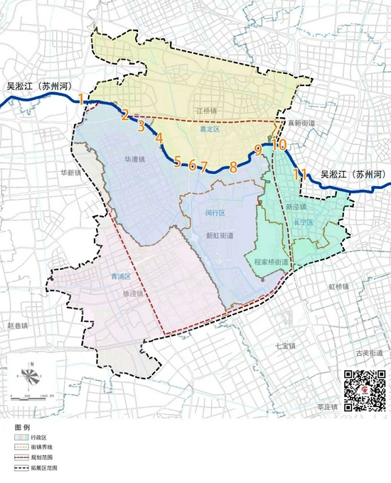 虹桥商务区跨吴淞江(苏州河)的10余座桥梁示意图,作者自绘,桥梁编号详情请继续阅读下文。