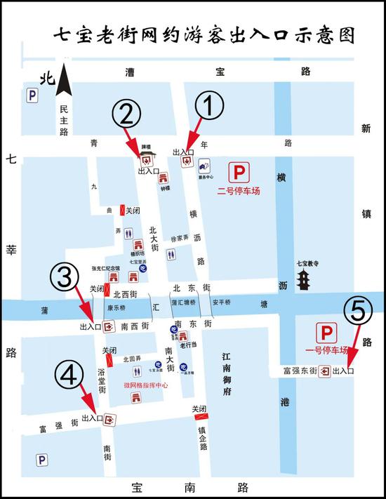 七宝老街网约游客出入口示意图。