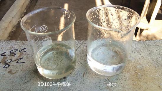 地沟油经过一系列处理后,精制得到了BD100生物柴油,和自来水比较,清澈度并不逊色,只是颜色微黄。BD100生物柴油和矿物柴油按照5:95的比例“勾兑”,就成了B5生物柴油