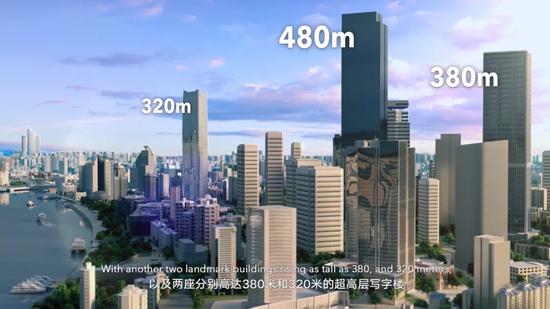 480米的浦西第一高楼以及两座分别高达380米和320米的超高层写字楼鸟瞰浦江,与陆家嘴交相辉映。