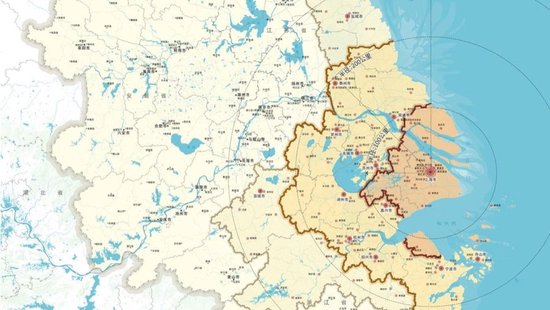 上海大都市圈国土空间规划草案中的空间范围示意图。