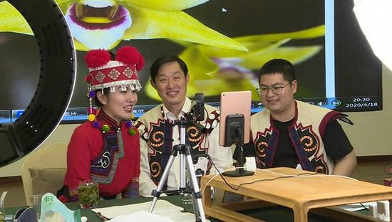 上海徐汇区援滇干部、云南省泸西县委常委、副县长邵志宏化身主播走进花卉大棚，成为“带货网红”。图片来源：上海徐汇