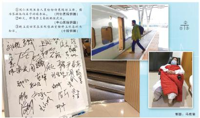 ①同仁医院医务人员纷纷请愿随时上阵,图为签满他们名字的通告板。 (同仁医院供图) ②昨天,钟鸣登上高铁驰援武汉。 (中山医院供图) ③晚上没回家在医院值班室躺椅上休息的韦松华。 (十院供图) 制图:冯晓瑜