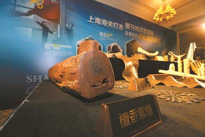 上海海关展示查获的走私檀香紫檀。陈君言摄