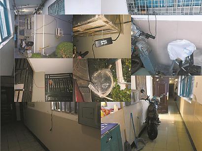 远虹大厦楼道内,部分居民家门口停放了正在充电的电动车。