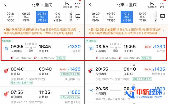  9月30日、10月1日北京到重庆经济舱机票最低价。数据来源：携程旅行APP