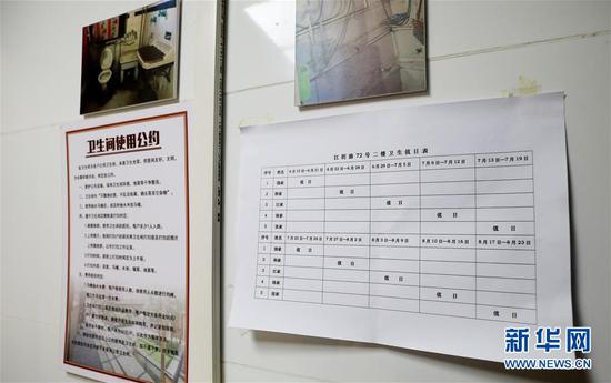 这是张贴在江阴路72号合用卫生间内的卫生值日表等(6月24日摄)。
