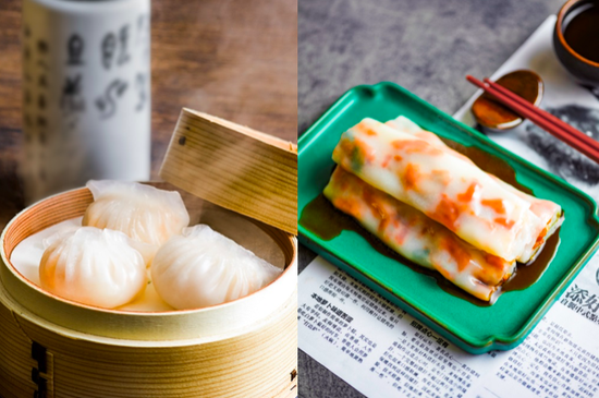 左:晶莹鲜虾饺 右:蜜味叉烧肠