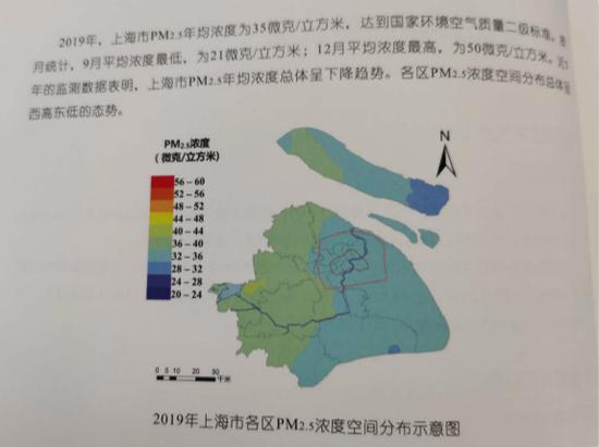 图说：2019年上海市各区PM2.5浓度空间分布示意图。