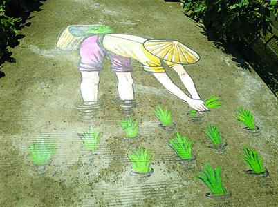 表现农民弯腰插秧的画作。 陈志强 摄