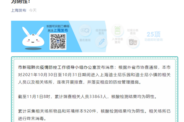 迪士尼乐园和迪士尼小镇33863名人员核检结果均为阴性