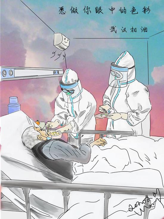 王辉和同事照顾老爷爷吃饭。