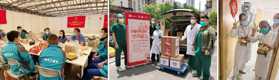 　　百胜中国用美食为上海方舱医院医务人员送上劳动节祝福 上图：徐汇区漕宝路应技大方舱；下图从左至右：浦东新国际博览中心方舱医院、静安区北方商务大厦方舱、六院临港院区定点医院