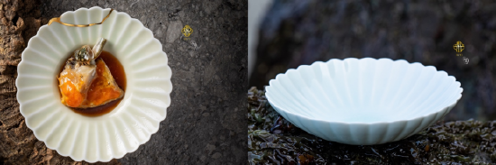 左图：白露系列·金继行香子菊韵盘 ；右图：白露系列·青白玉菊韵深盘