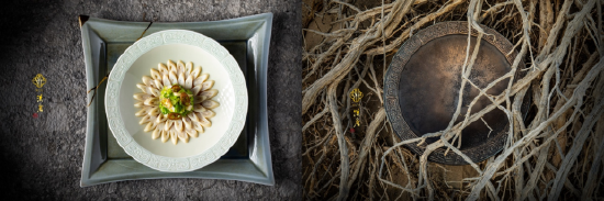 　　左图：汉唐系列·行香子夔龙纹平边盘(上)，汉唐系列·金继宝石方形秀盘(下) ;右图：汉唐系列·饮光夔龙纹平边盘