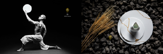 左图：无极系列·手绘金继秀盘；右图：无极系列·手绘金继秀盘与酱汁瓶