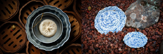 　　左图：汉唐系列·金继宝石深碟(上) ，宣德系列·苍青平边盘(下）；右图：宣德系列·金继宣德鱼豫深盘