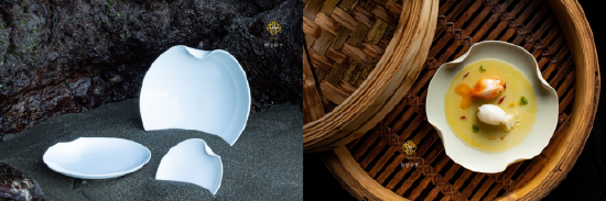 左图：华韵花瓣系列·明白单瓣盘 ；右图：华韵花瓣系列·行香子四瓣碗