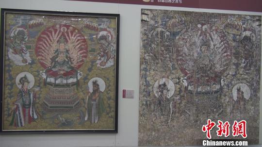 展览展出的稷山青龙寺壁画的前后对比图。 王惠琳 摄