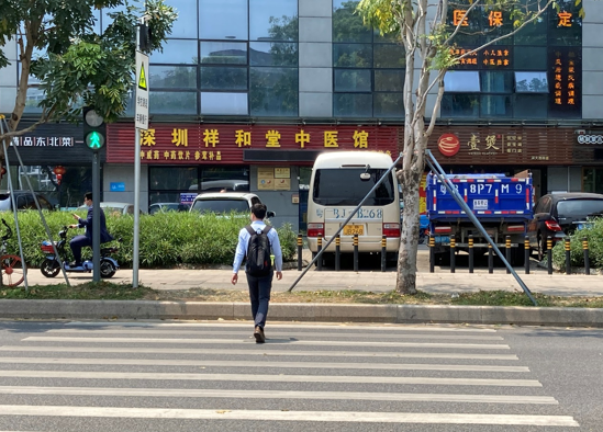 学苑大道和笃学路交叉路口的一条斑马线，行人过街还要跨过街边的绿化带。